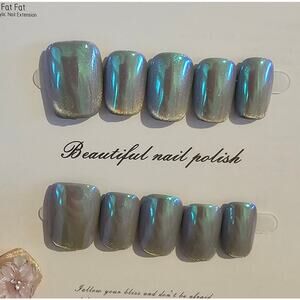 Blue Chrome Short Coffin| Press on Nails - Handmade | Sz Medium